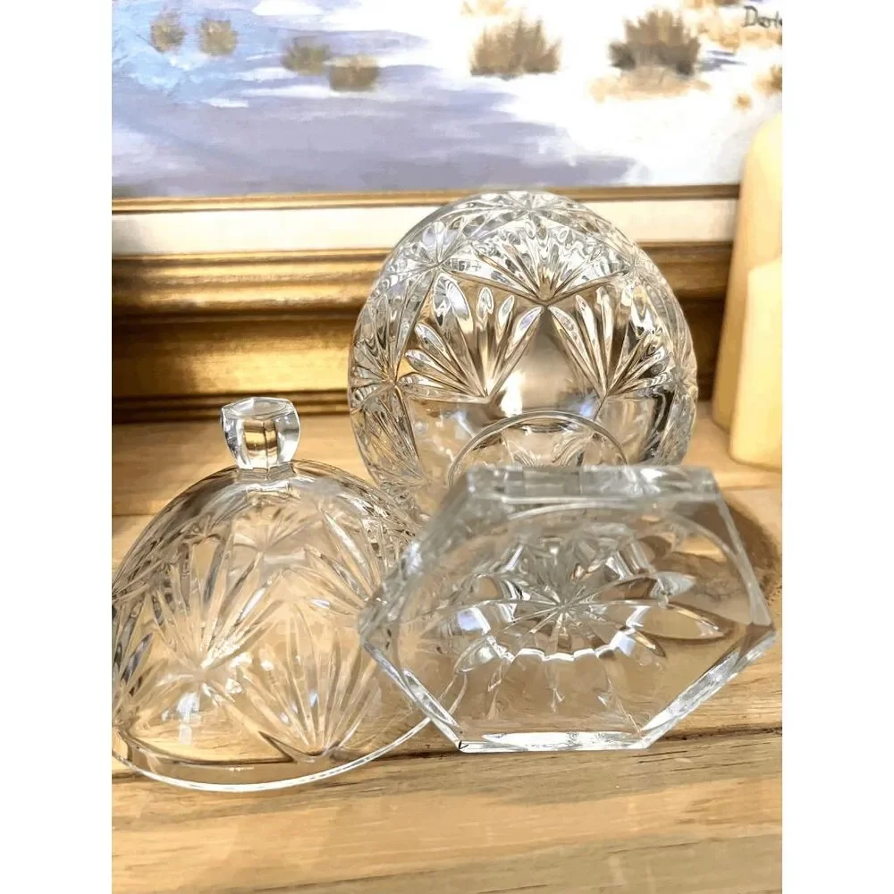 Vintage Egg Shaped Pressed Crystal Covered Candy Dish — Footed Pedestal, 9